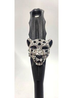 Crystal-Encrusted Panther Stretch Ring With Black & Silver Accents Adjustable Ba